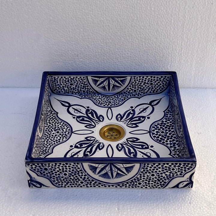 Hand-Painted Moroccan Ceramic Bathroom Sink – Square Blue & White Traditional Washbasin