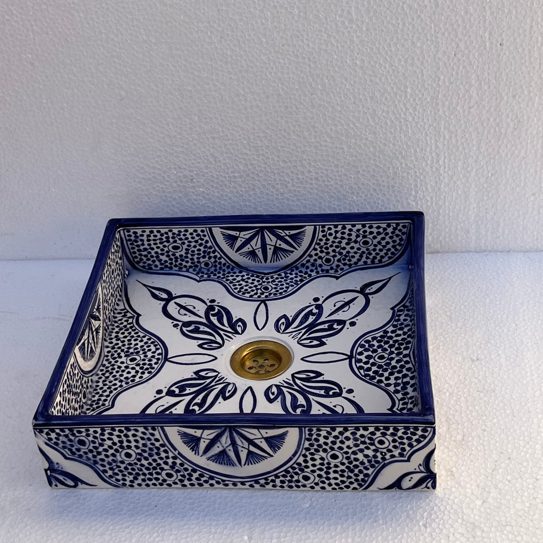 Hand-Painted Moroccan Ceramic Bathroom Sink – Square Blue & White Traditional Washbasin
