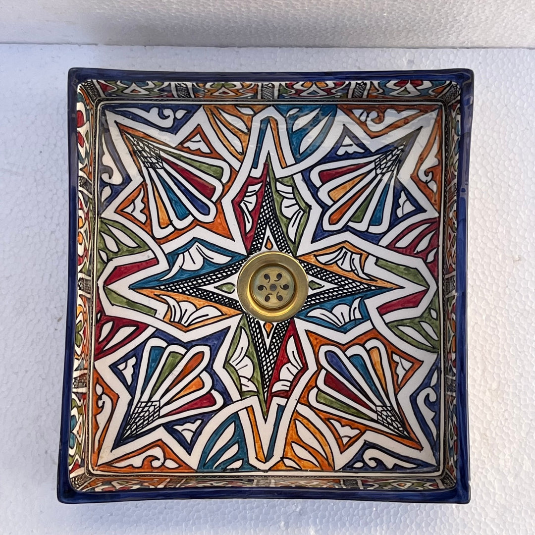 Hand-Painted Moroccan Ceramic Bathroom Sink – Square Geometric Star Washbasin in Vibrant Colors