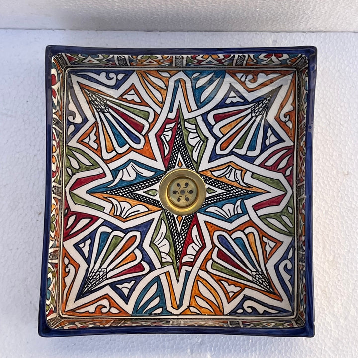 Hand-Painted Moroccan Ceramic Bathroom Sink – Square Geometric Star Washbasin in Vibrant Colors