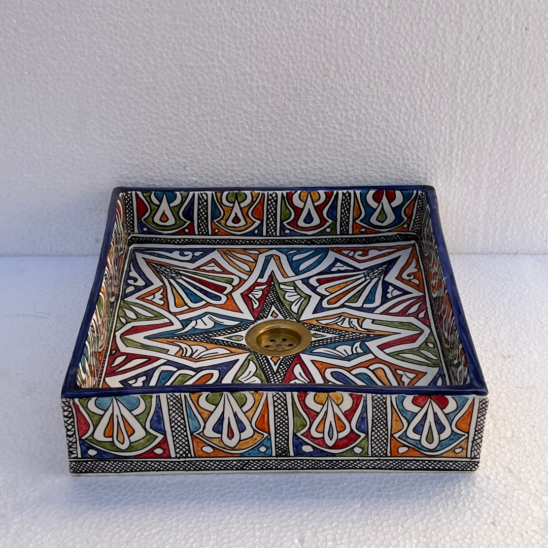 Hand-Painted Moroccan Ceramic Bathroom Sink – Square Geometric Star Washbasin in Vibrant Colors