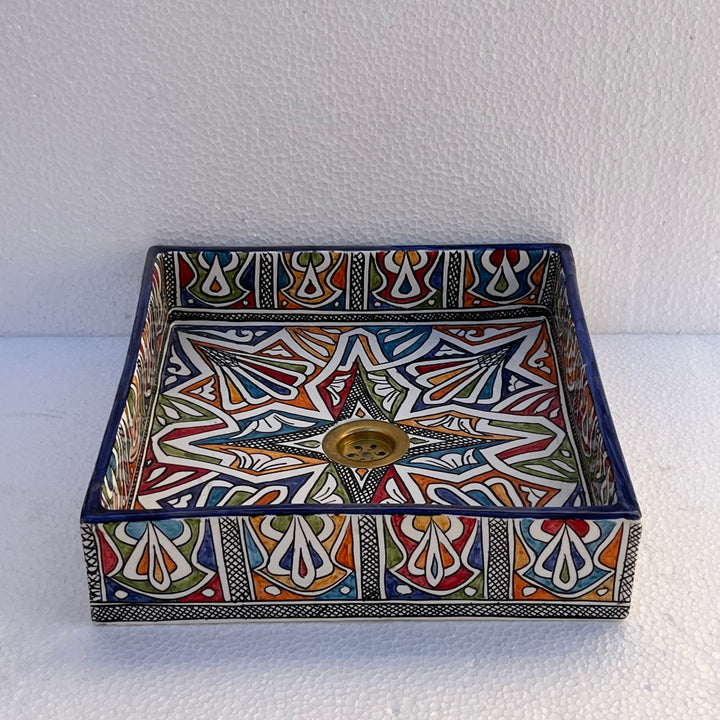 Hand-Painted Moroccan Ceramic Bathroom Sink – Square Geometric Star Washbasin in Vibrant Colors