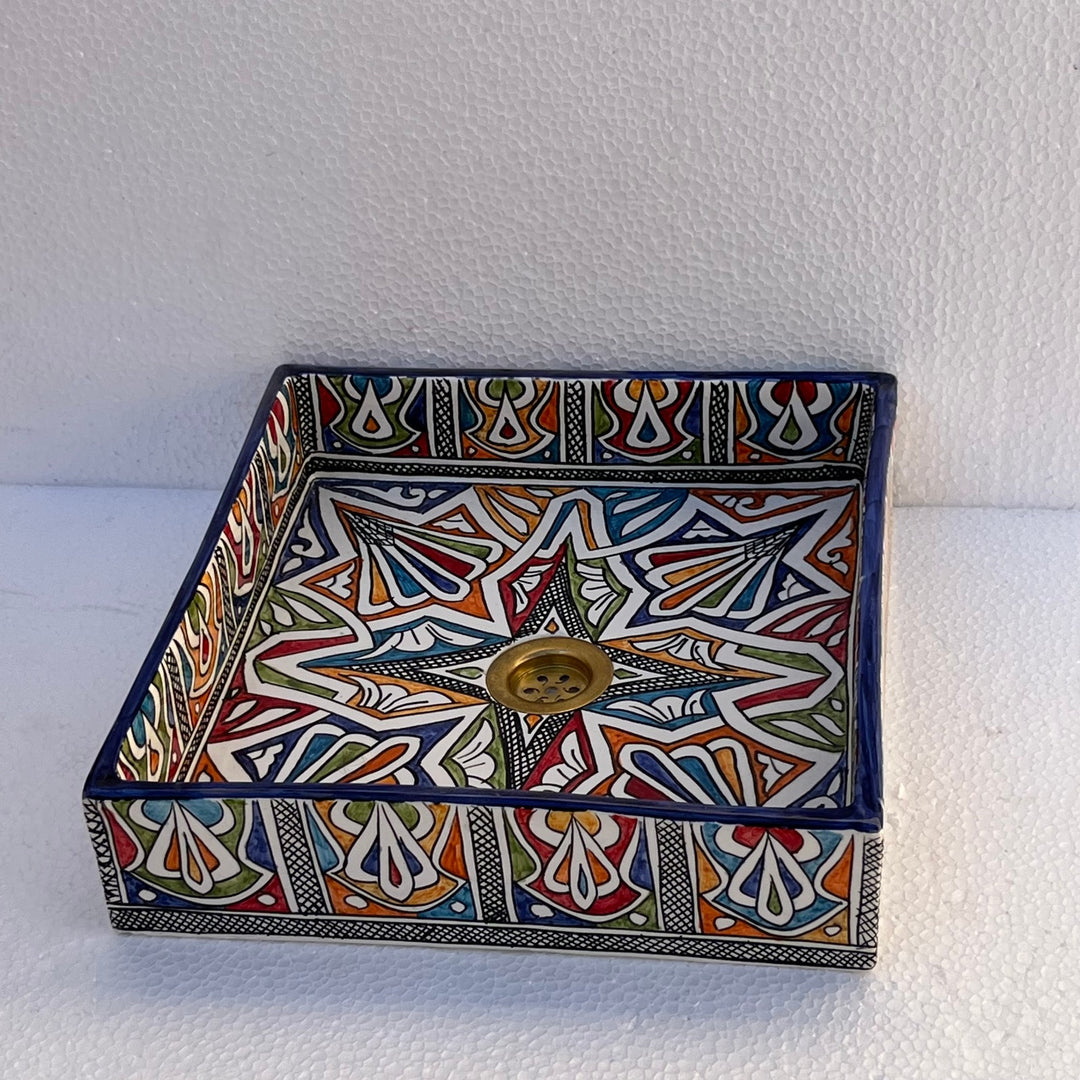 Hand-Painted Moroccan Ceramic Bathroom Sink – Square Geometric Star Washbasin in Vibrant Colors