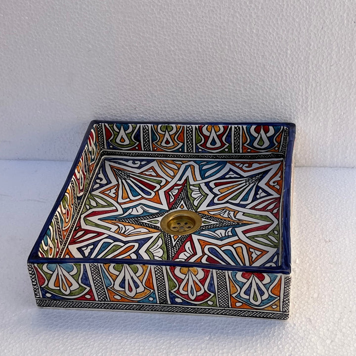 Hand-Painted Moroccan Ceramic Bathroom Sink – Square Geometric Star Washbasin in Vibrant Colors