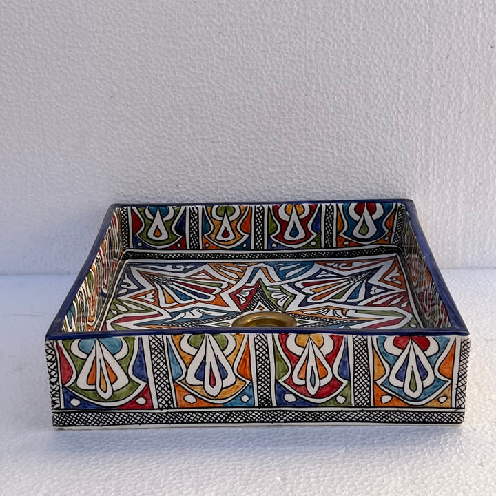 Hand-Painted Moroccan Ceramic Bathroom Sink – Square Geometric Star Washbasin in Vibrant Colors