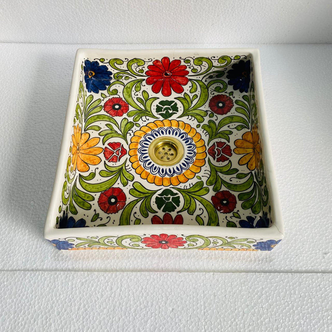 Hand-Painted Moroccan Floral Bathroom Sink – Square Ceramic Vessel Basin