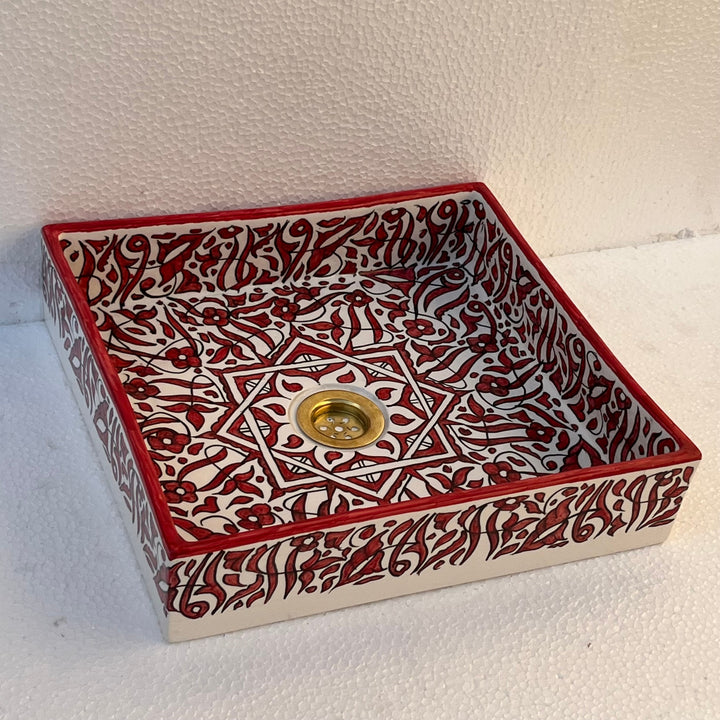 Hand-Painted Moroccan Ceramic Sink – Square Red Arabesque Design