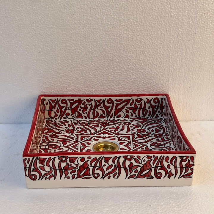 Hand-Painted Moroccan Ceramic Sink – Square Red Arabesque Design