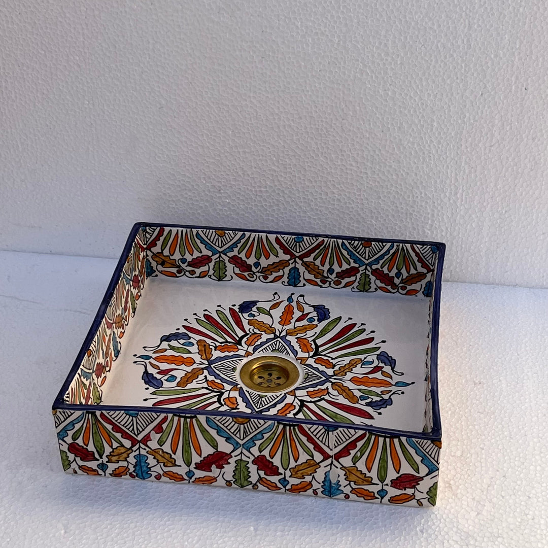 Hand-Painted Moroccan Ceramic Bathroom Basin – Square Colorful Floral Design Washbasin