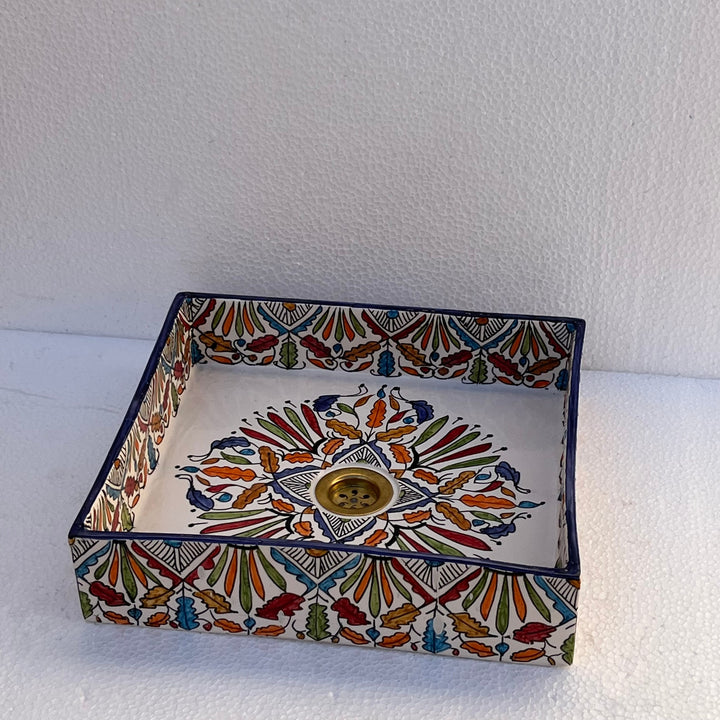 Hand-Painted Moroccan Ceramic Bathroom Basin – Square Colorful Floral Design Washbasin