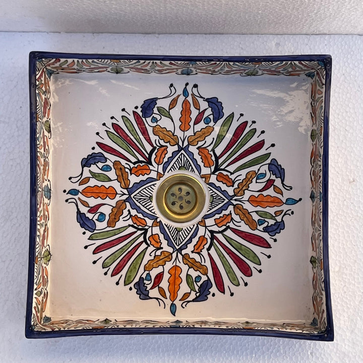 Hand-Painted Moroccan Ceramic Bathroom Basin – Square Colorful Floral Design Washbasin