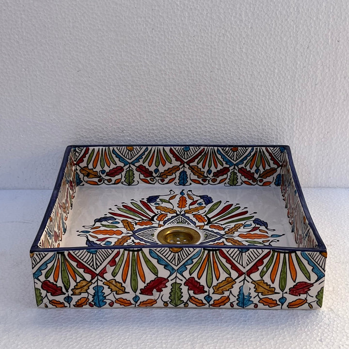 Hand-Painted Moroccan Ceramic Bathroom Basin – Square Colorful Floral Design Washbasin