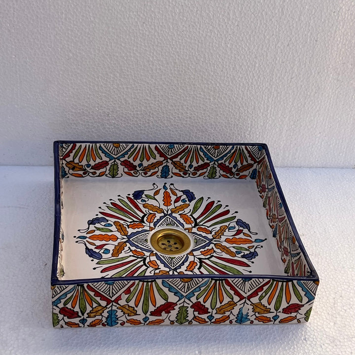 Hand-Painted Moroccan Ceramic Bathroom Basin – Square Colorful Floral Design Washbasin