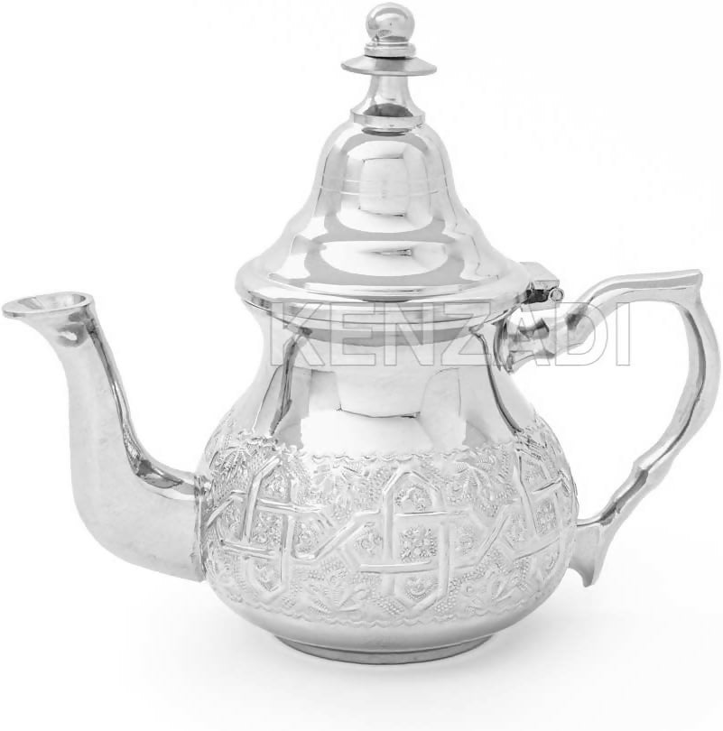 Moroccan Serving TeaPot Handmade Of Brass Silver Plated Hand Carved In Fes Morocco (8 Oz without Legs)