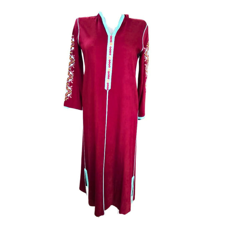 Djellaba Élégante avec Motif Manche et Bordures Contrastées - Rouge vif