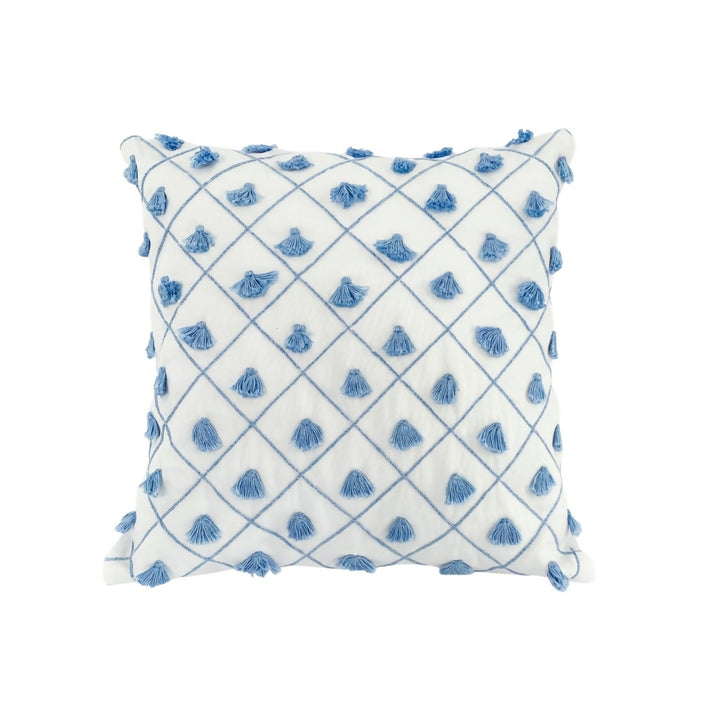 Boho Chic Blue Trellis Cushion with Tassels – Textured Geometric Accent Pillow