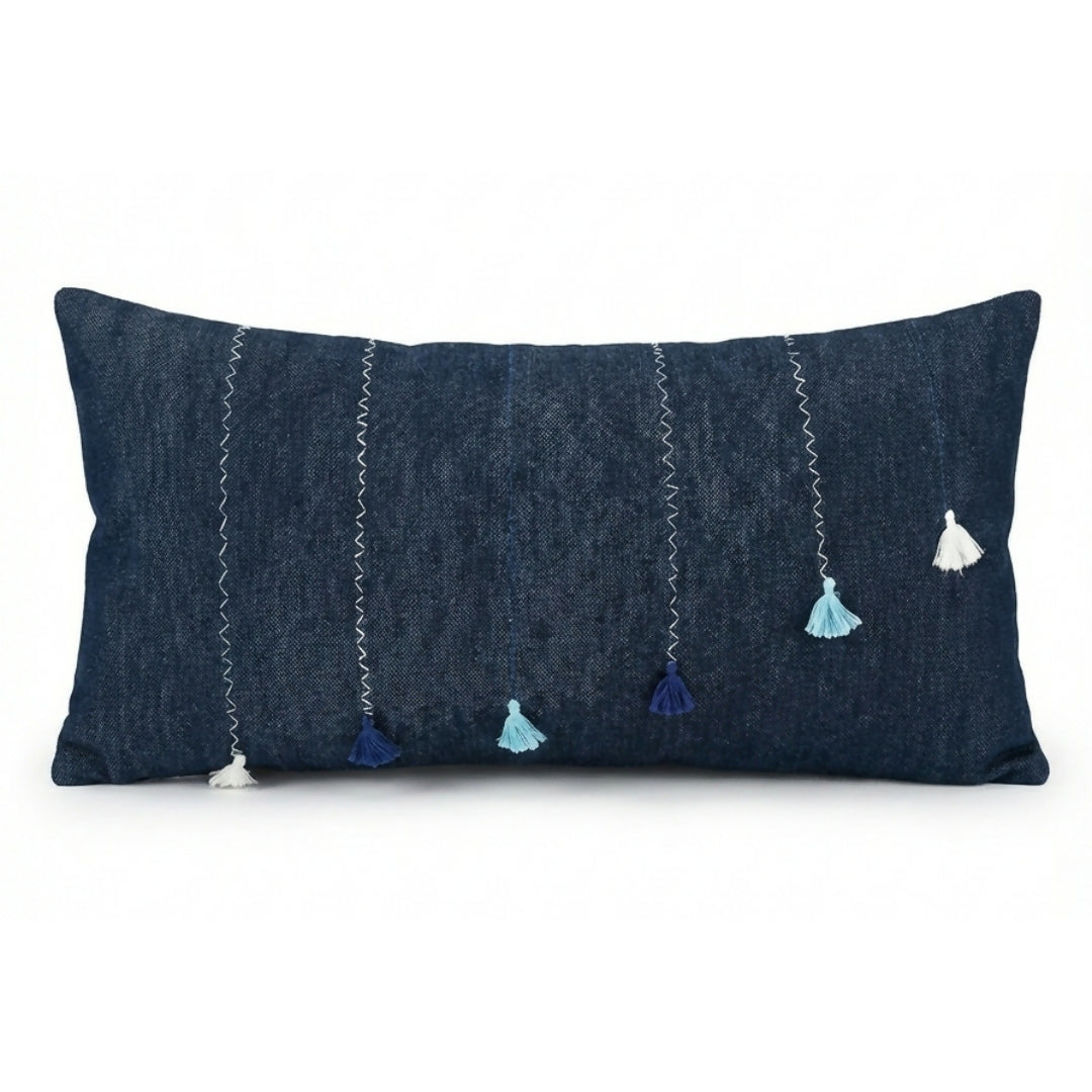Indigo Denim Lumbar Pillow with Embroidered Lines & Tassel Accents