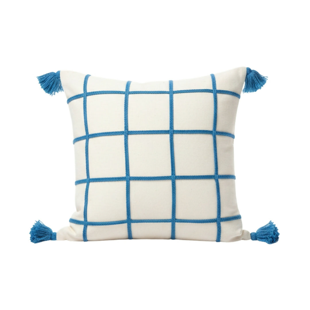 Blue Windowpane Check Tassel Cushion – Textured White Cotton Throw Pillow