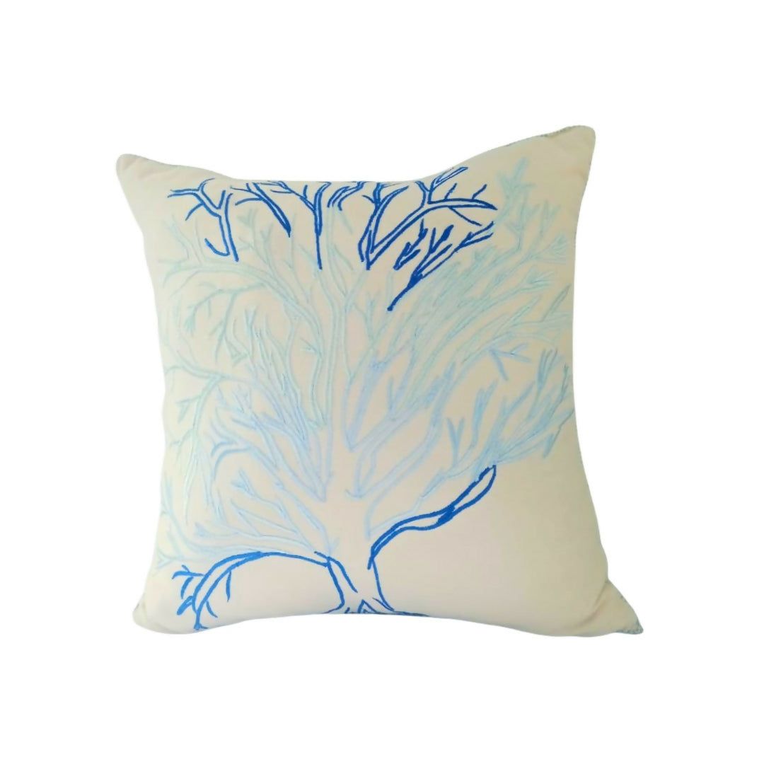 Hand-Embroidered Moroccan Decorative Pillow – Blue Tree of Life Cushion Cover