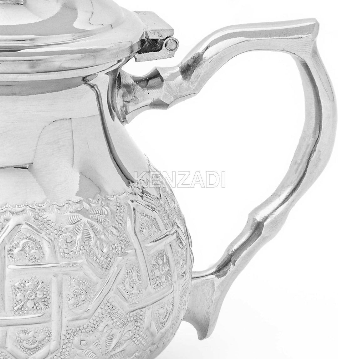 Moroccan Serving TeaPot Handmade Of Brass Silver Plated Hand Carved In Fes Morocco (8 Oz without Legs)