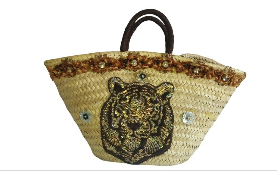 Moroccan Wicker Market Basket with Embroidered Tiger