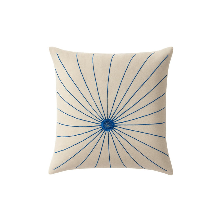 Handcrafted Natural Fiber Pillow – Geometric Sunburst Embroidery – Duo-Tone Blue & Beige