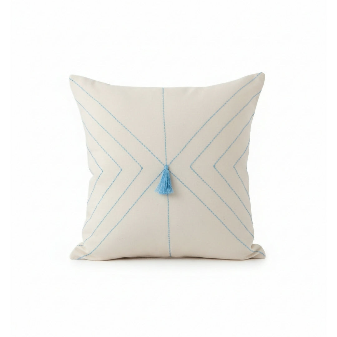 Hand-Embroidered Beige Cotton Cushion – Blue Geometric "DMC" Stitching (40x40 cm)