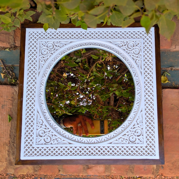 Framed Hand-Carved Moroccan Plaster Wall Mirror, Floral Design