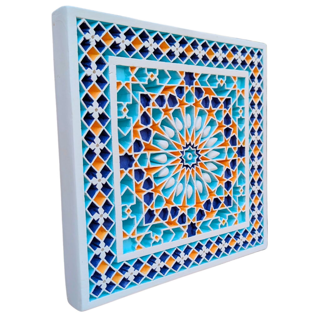 Geometrical Islamic Pattern Hand-Carved Plaster Mural Decoration