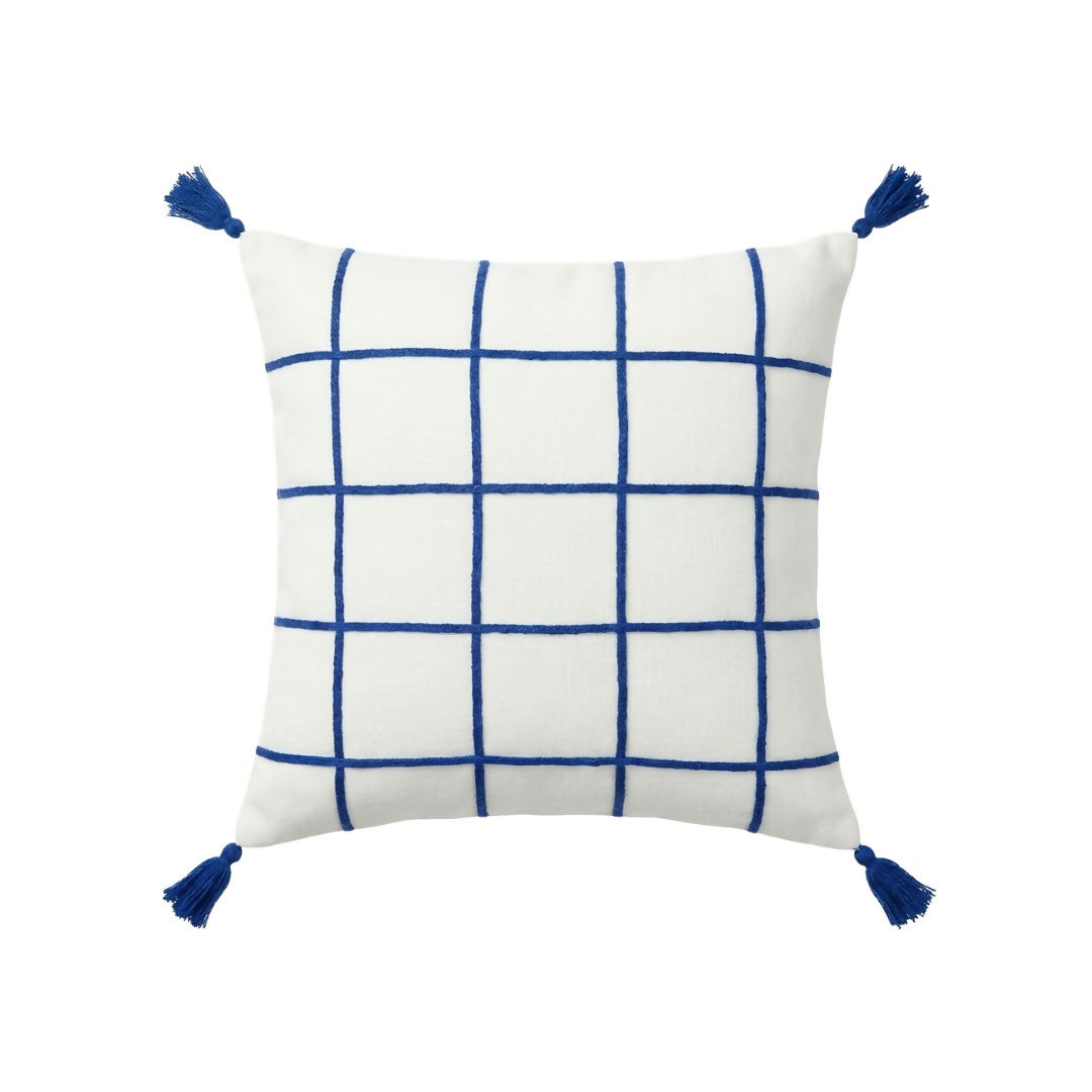 Geometric Embroidered Grid Cushion with Corner Tassels – 40x40cm Cotton Throw Pillow
