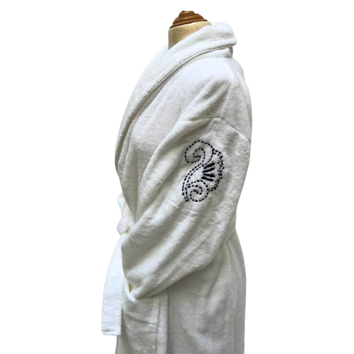 Moroccan Embroidered White Bathrobe – Soft Cotton Spa Style