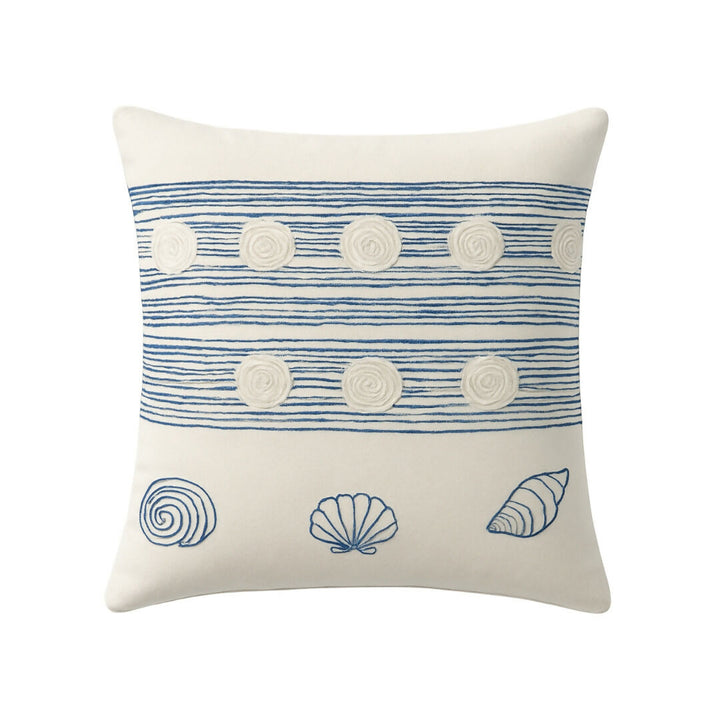 Coastal Seashell & Stripe Cotton Cushion | Hand-Embroidered Nautical Design