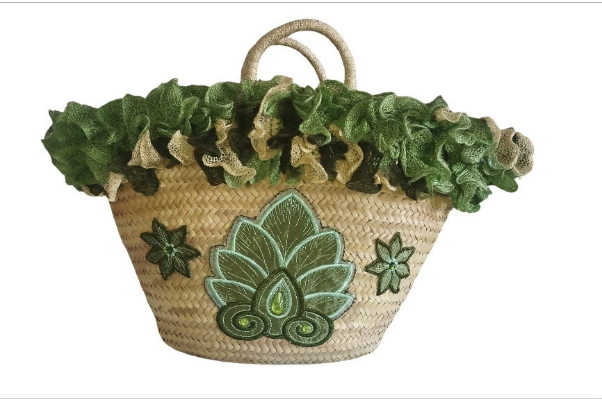 Green Flower Moroccan Wicker Market Basket