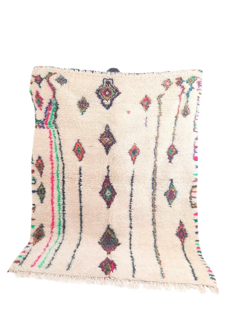 White wool Moroccan carpet with colored diamonds