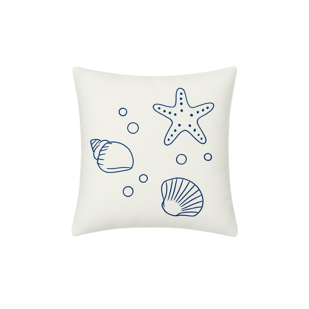 Hand-Embroidered Coastal Sea Life Cushion – Starfish & Shells Design on White Fabric