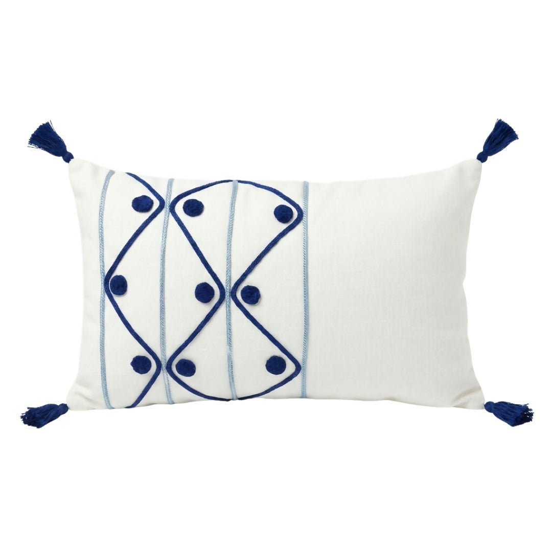 Boho Lumbar Cushion with Cobalt Blue Embroidery and Tassels – Textured Decorative Pillow