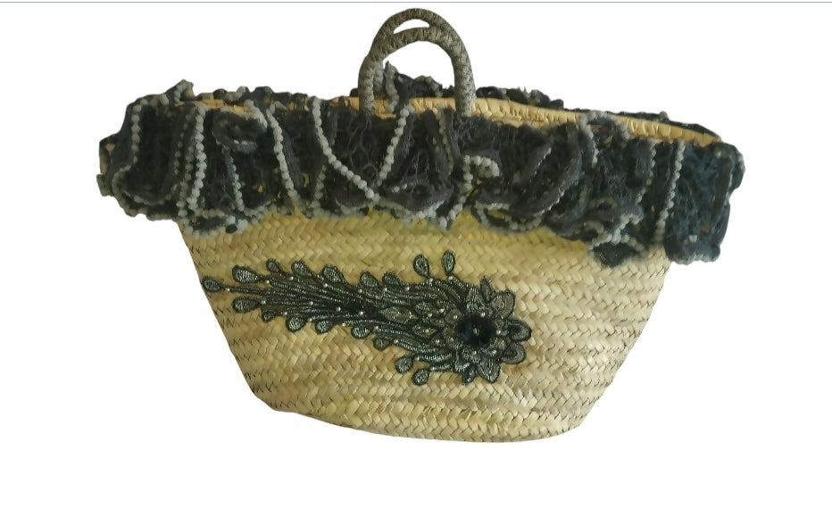 Green Flower Moroccan Wicker Market Basket