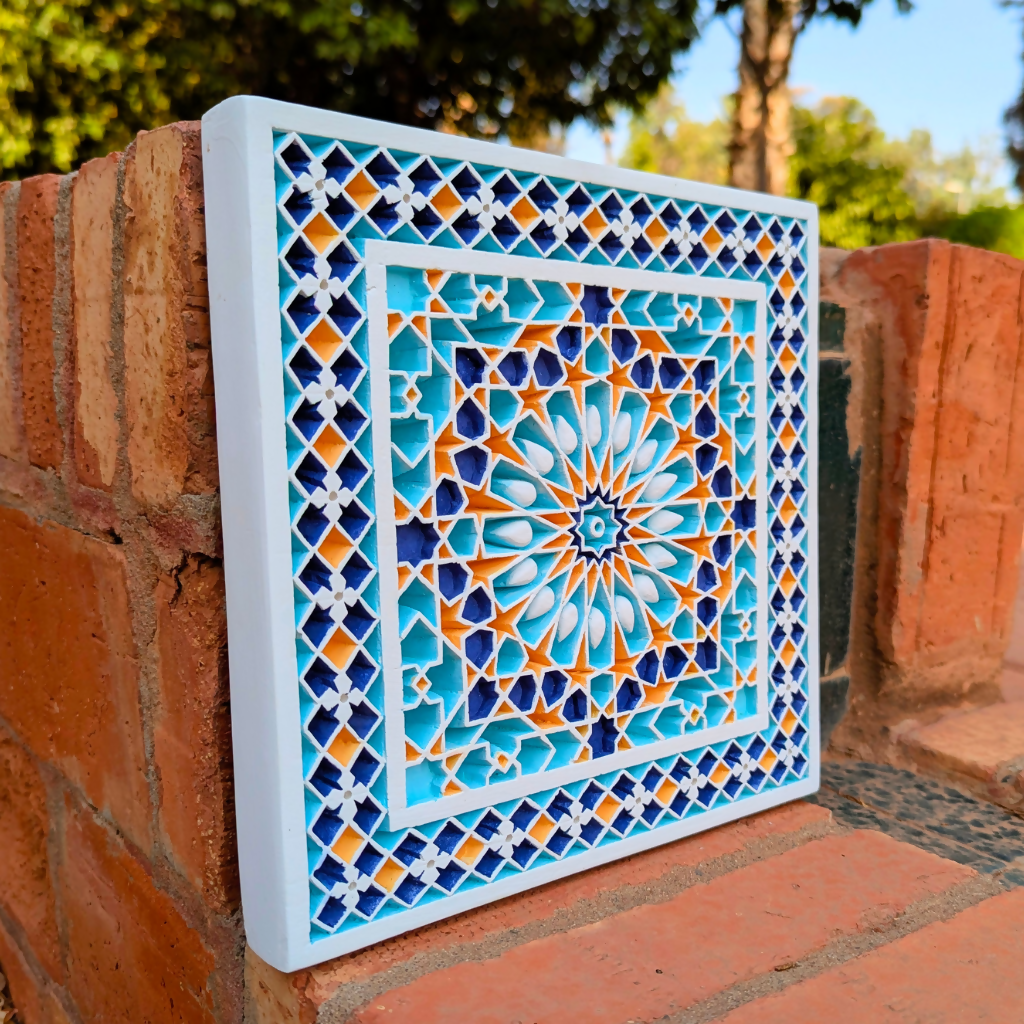 Geometrical Islamic Pattern Hand-Carved Plaster Mural Decoration