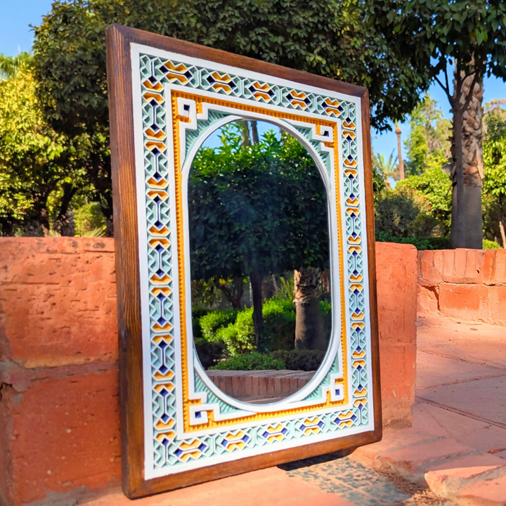 Framed Hand Carved Moroccan Plaster Wall Mirror, Painted Geometrical Finish