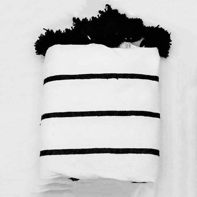 Black & White Cotton Blanket, Black POMPOMS-Bohenate-MyTindy