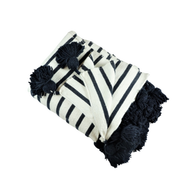 Moroccan White Blanket With Dark Blue Stripes-Cooperatissage Traditionnel-MyTindy