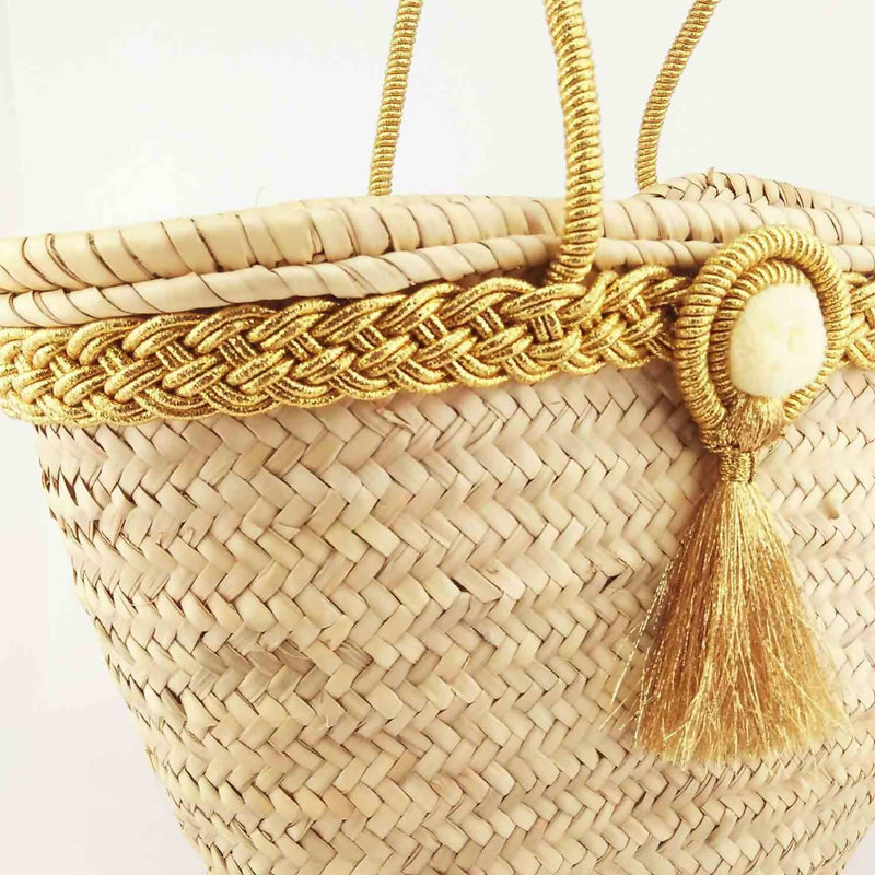Moroccan Straw Bag Tote Basket with Gold Pompom