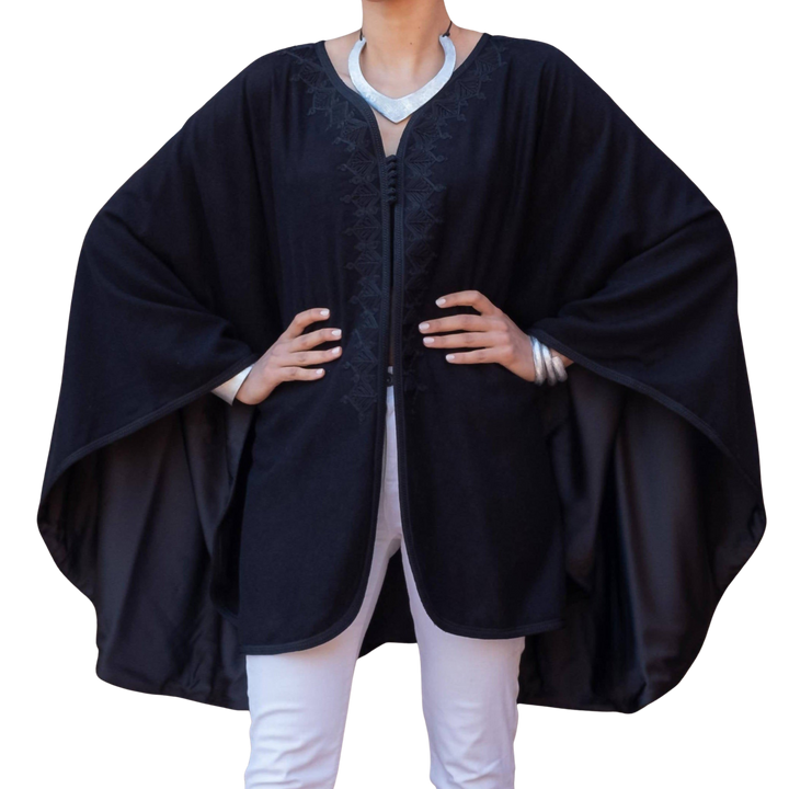 Black Embroidered wool and cashmere cape