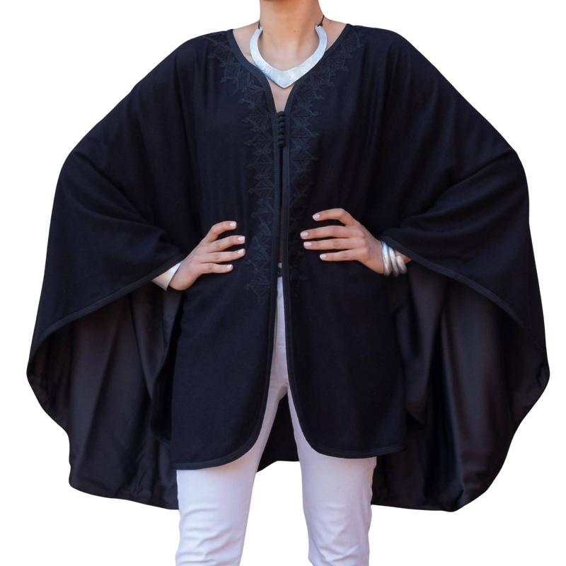 Black Embroidered wool and cashmere cape