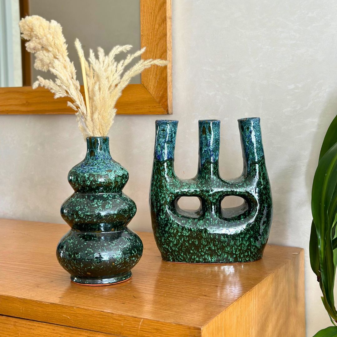 Duo vase Aboukal and Afous green and blue + pampas