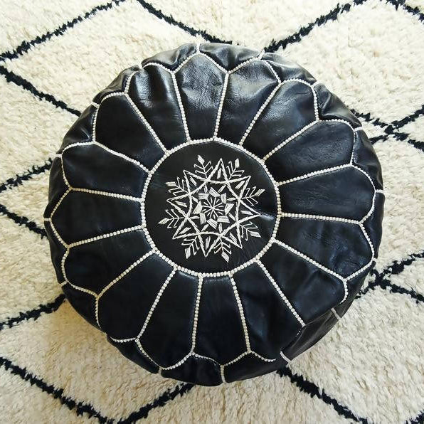 Round Black Leather Moroccan Pouf-Moroccan Handicraft-MyTindy