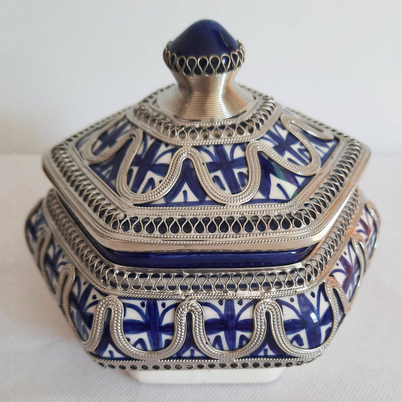 Moroccan Ceramic Sugar Jar with Metal II-Youssef hamlili-MyTindy