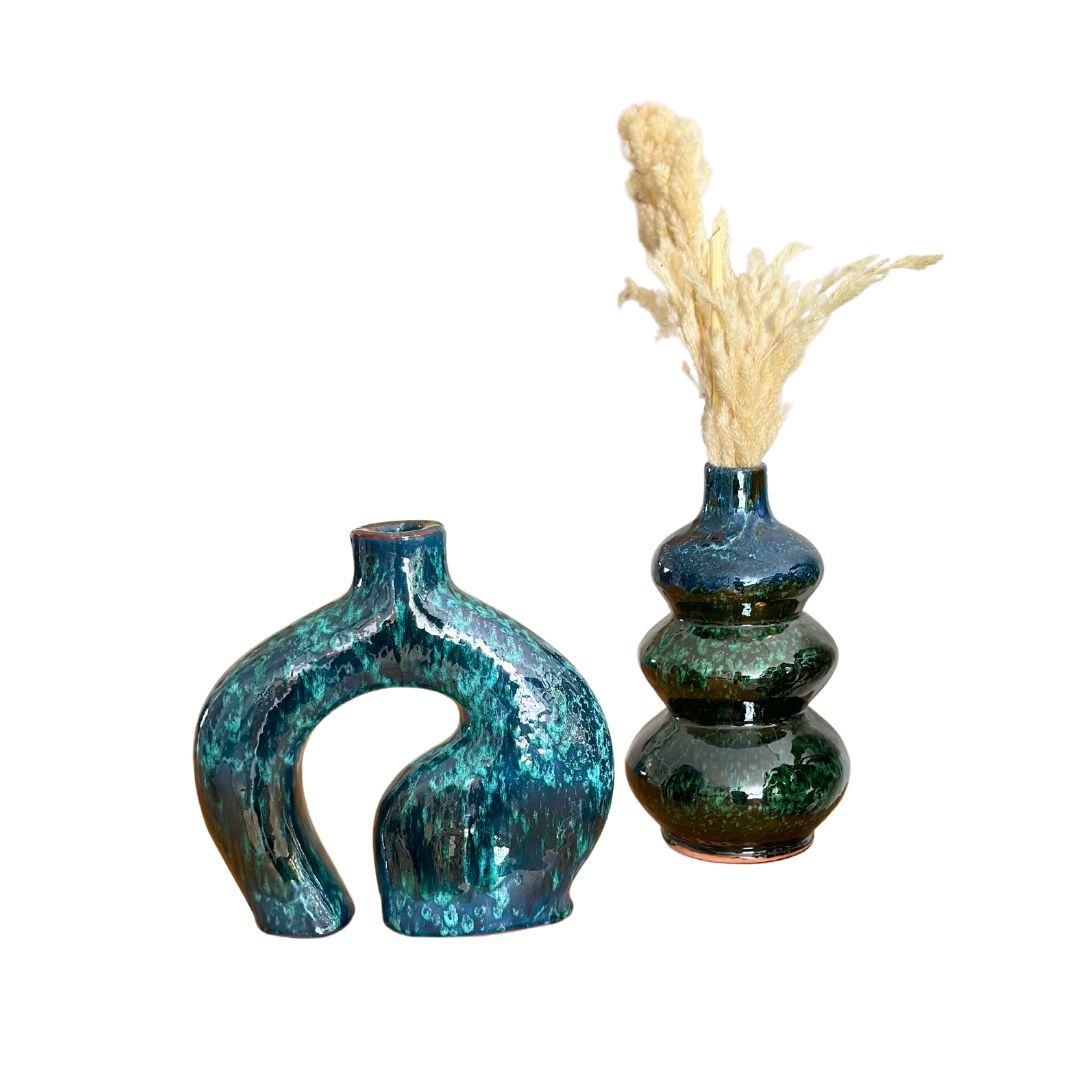 Aboukal and Atlas blue green + pampas vase duo