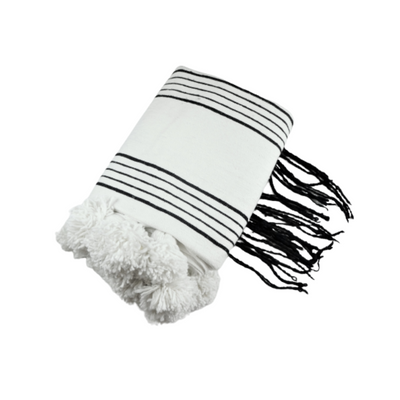 Moroccan White Blanket With Black Stripes-Cooperatissage Traditionnel-MyTindy