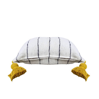 Moroccan Black and White Pillow with Yellow Pompoms-Coopérative Minoual-MyTindy